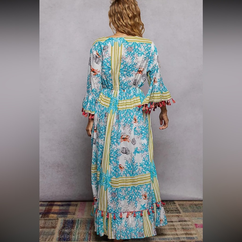 Beach Pattern V-Neck Ruffle Sleeves Tassel Maxi Dress|Blue+Ivory Multi - Picture 4 of 5